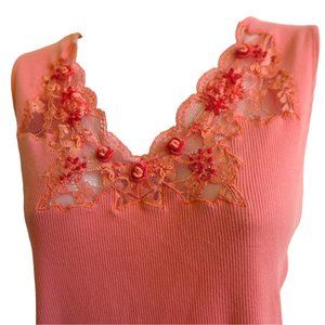 Anne Klein Sport Peach Tank Top Ribbed Cotton Jersy Rosettes Lace Beads V Neck L